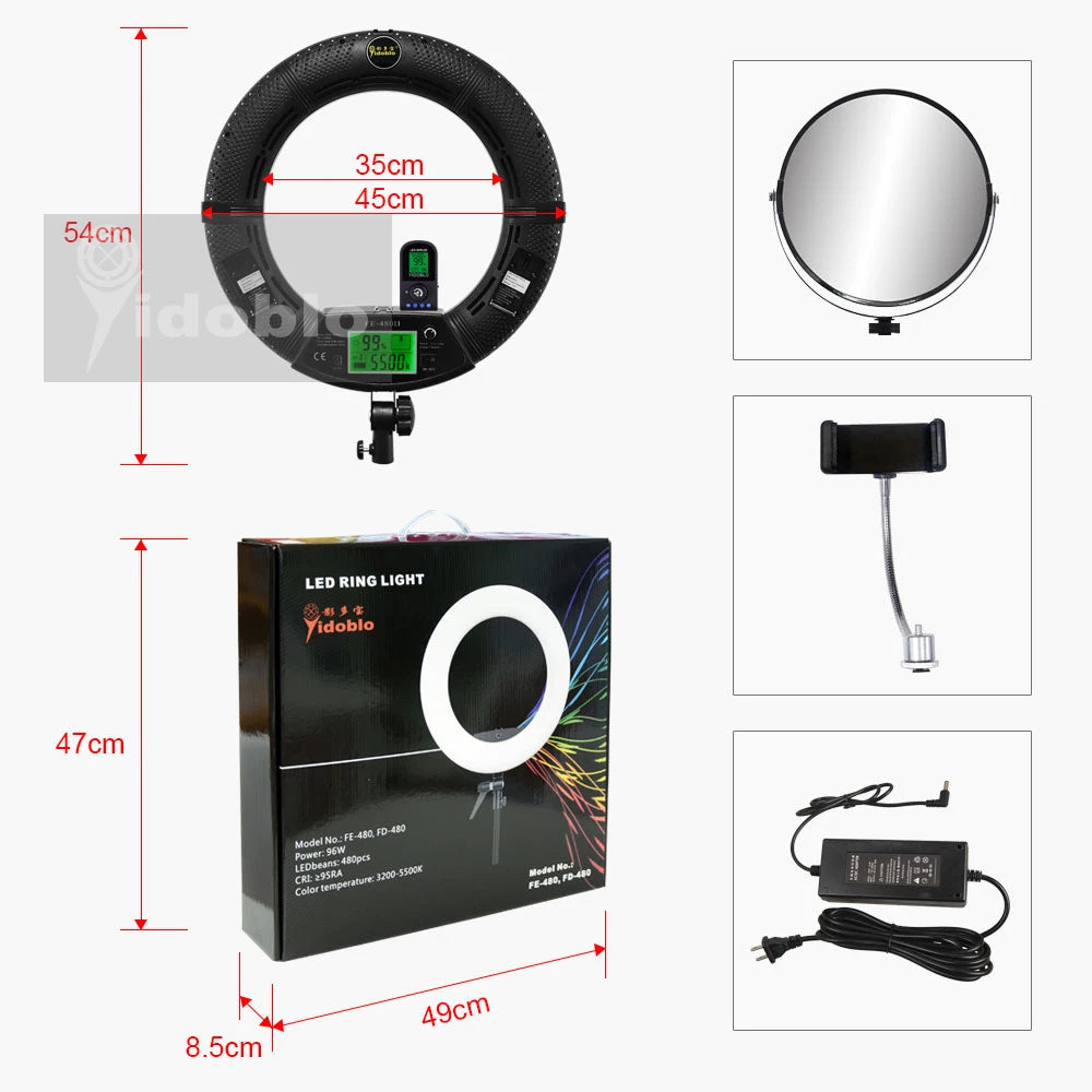 96W Yidoblo FE-480II Dimmable Bi-color Ring Light 480 LED Video Continue Lamp LCD Video Lamp Lighting + 2m Standing + Handbag