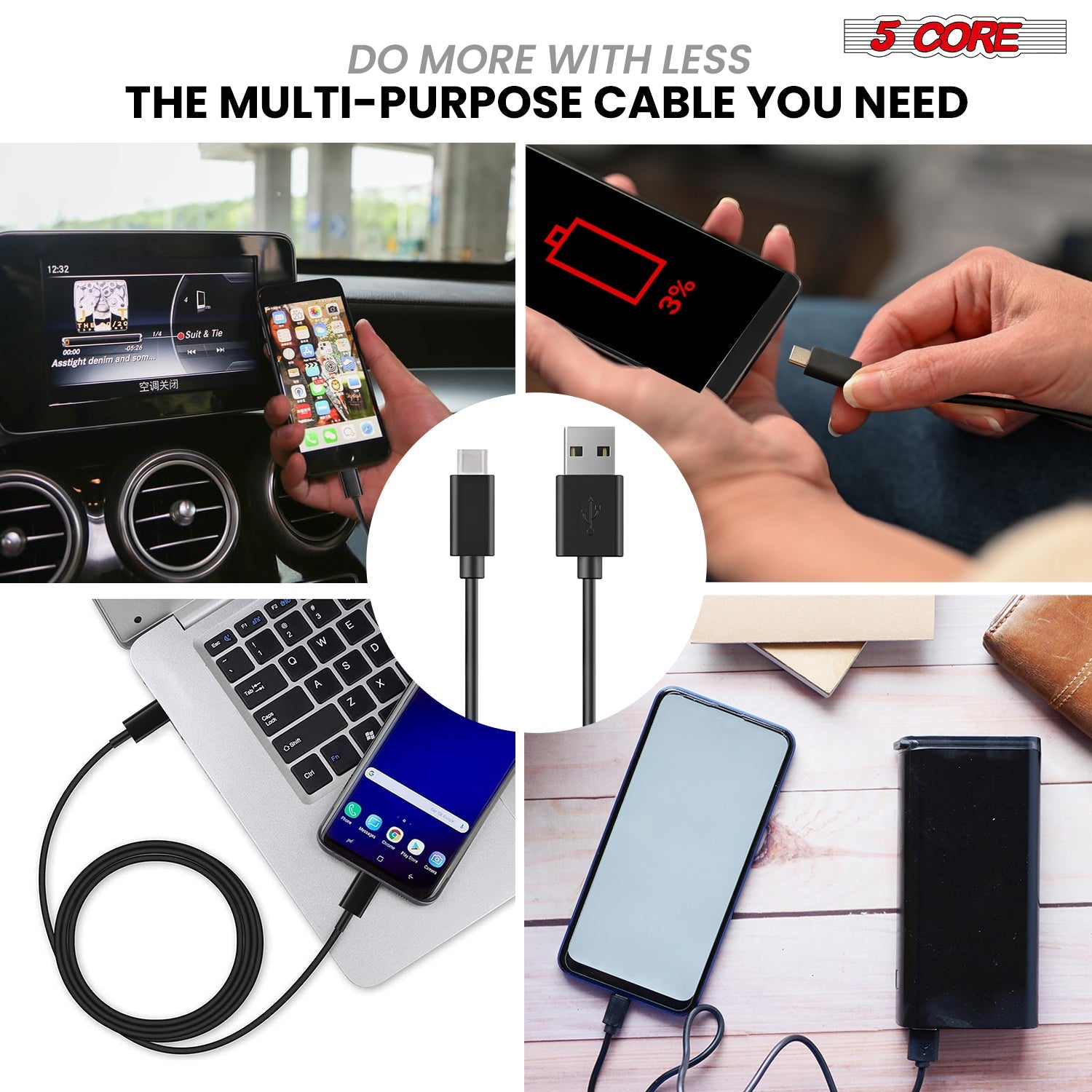 5Core USB to USB C Cable 5PCS 65W Fast Charging w Data Transfer