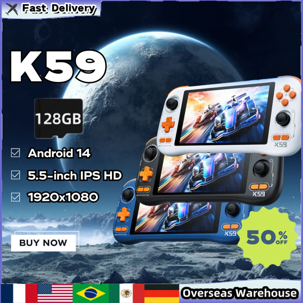K59 Handheld Game Console 5.5-inch IPS HD Screen Android14 Handheld Console Smooth Gameplay Retro Game Player 128G Boys Gift