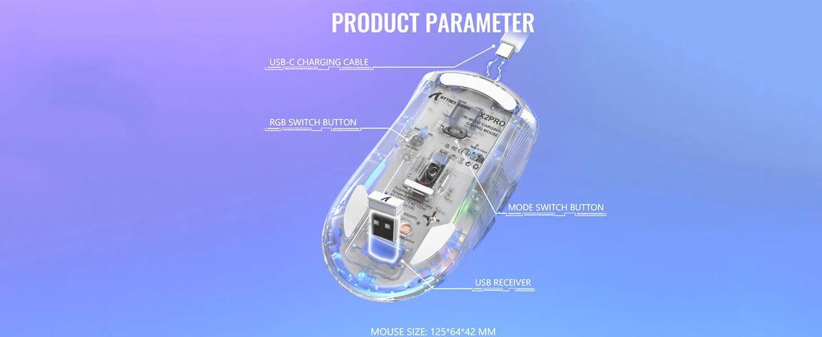 Wireless Gaming Mouse with RGB Charging Dock,Tri-Mode Mute Mouse RGB Backlit,Transparent Shell,PixArt 3212