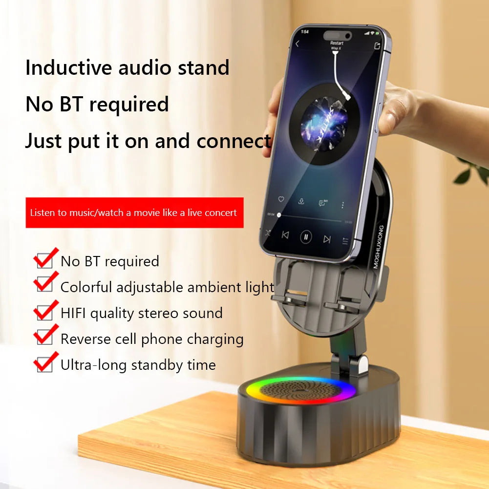 Cellphone Stand with Powerbank Phone Charger Speaker 360 Degree Rotating Induction Phone Bracket Multi-Function for Desk Bedroom