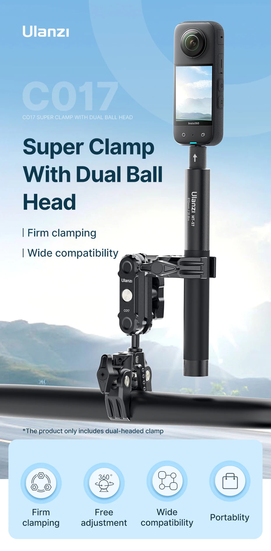 Ulanzi CO17 Super Clamp with 360° Dual-Head Double Clamps Magic Arm Arri Adapter for for Panoramic Camera Umbrella LED Light
