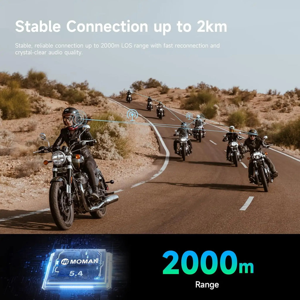 Moman Motorcycle Bluetooth Helmet Headset Intercom 1000mAh MOTO Communicator 2000m Interphone for 24 Riders IP65 Waterproof