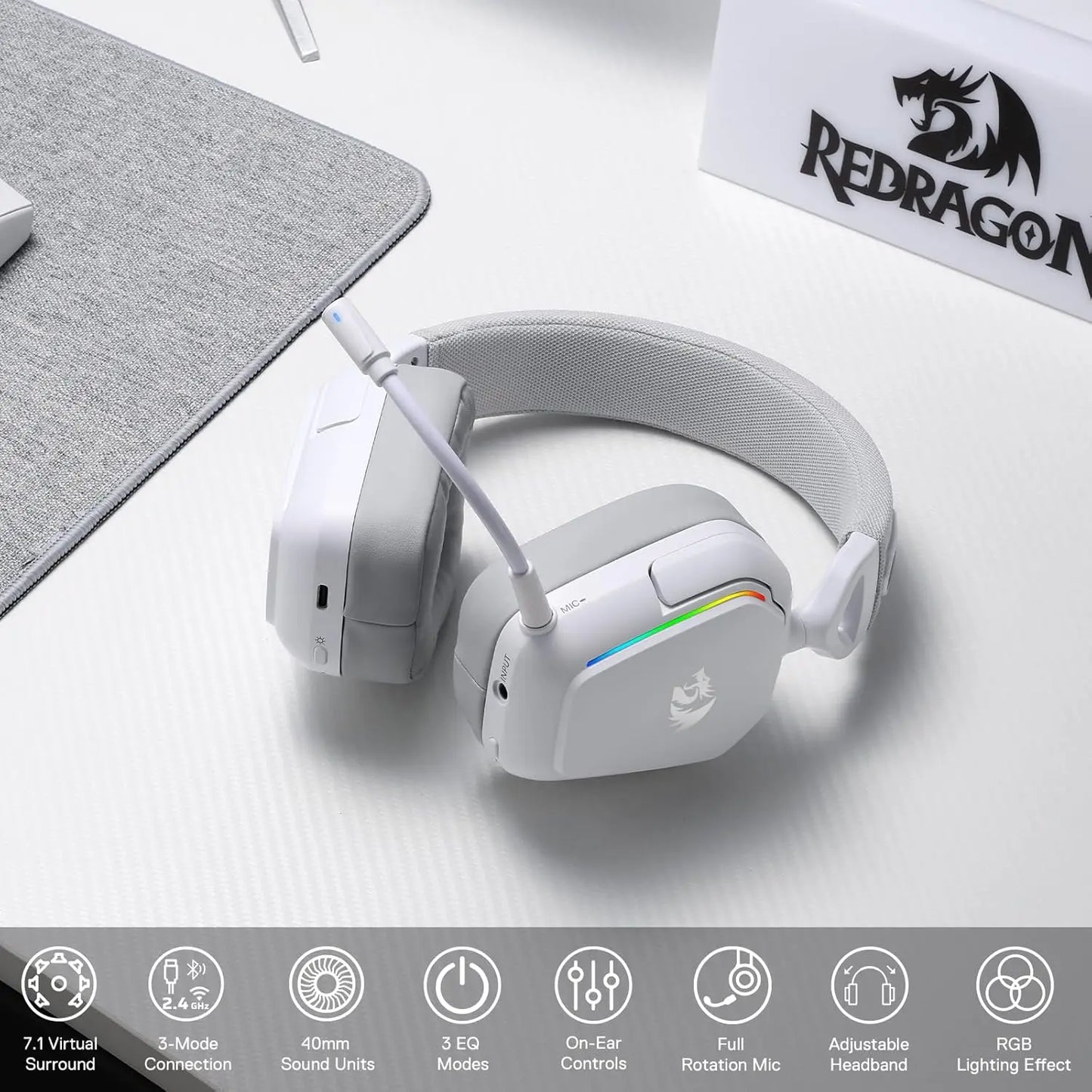 Redragon H868 3-Modus Kabelloses RGB 7.1 Surround Sound Gaming Headset mit Geräuschunterdrückendem Mikrofon, Over-Ear-Kopfhörer
