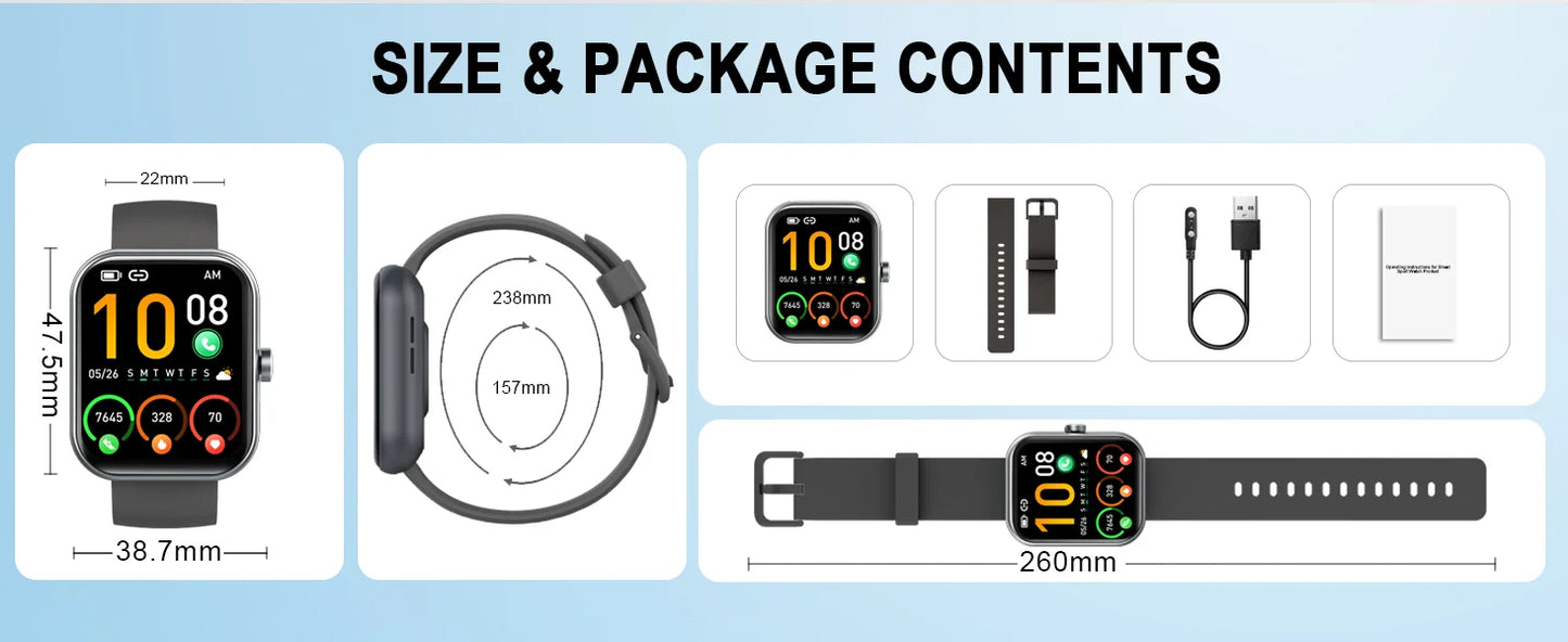 Smart Watch(Answer/Make Calls), 1.96" Smartwatches, Fitness Tracker, Sleep Monitor, Pedometer, 100+ Sport Modes, IP68 Waterproof