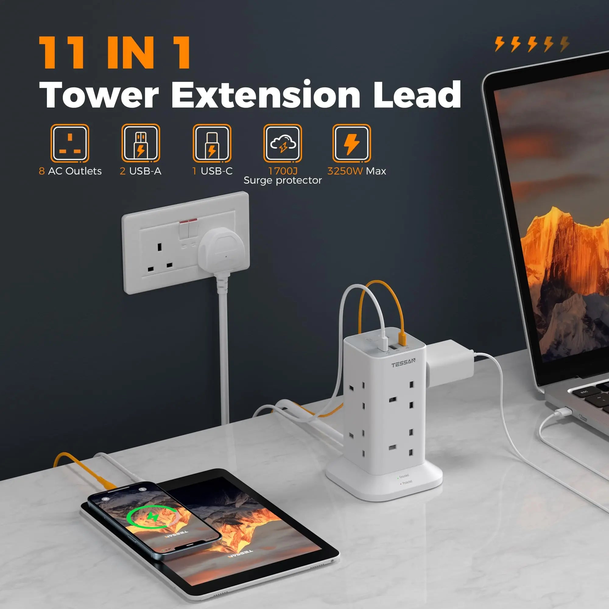 TESSAN Multi Tower Power Strip with 8 Outlet 3 USB Ports with Switch UK Plug Socket 2m/5m Extension Cord Surge Protection