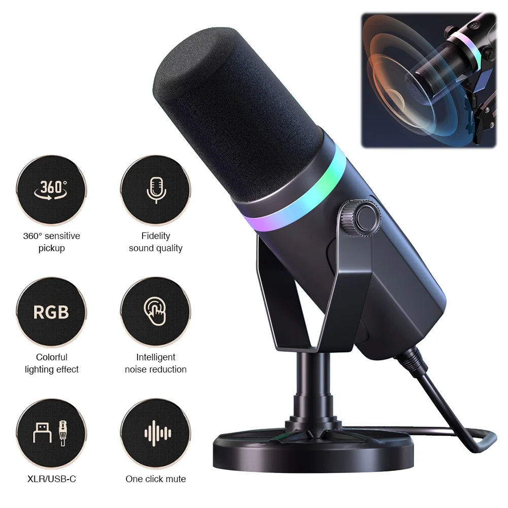 USB XLR Dynamic Gaming Microphone RGB Dynamic Computer Microphone PC Computer Gaming Mic for Streaming Recording
