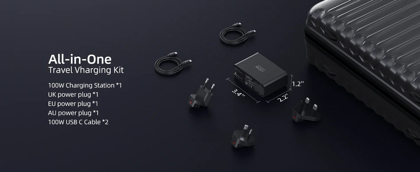Cargador de viaje USB C de 100 W, adaptador de viaje plegable de 4 puertos con enchufes UK/EU/AU, carga rápida para iPad iPhone