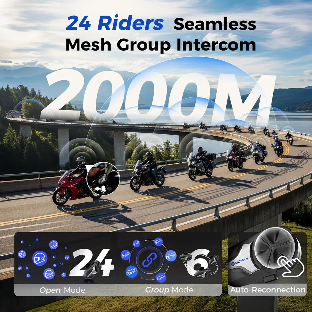 Moman Motorcycle Bluetooth Helmet Headset Intercom 1000mAh MOTO Communicator 2000m Interphone for 24 Riders IP65 Waterproof