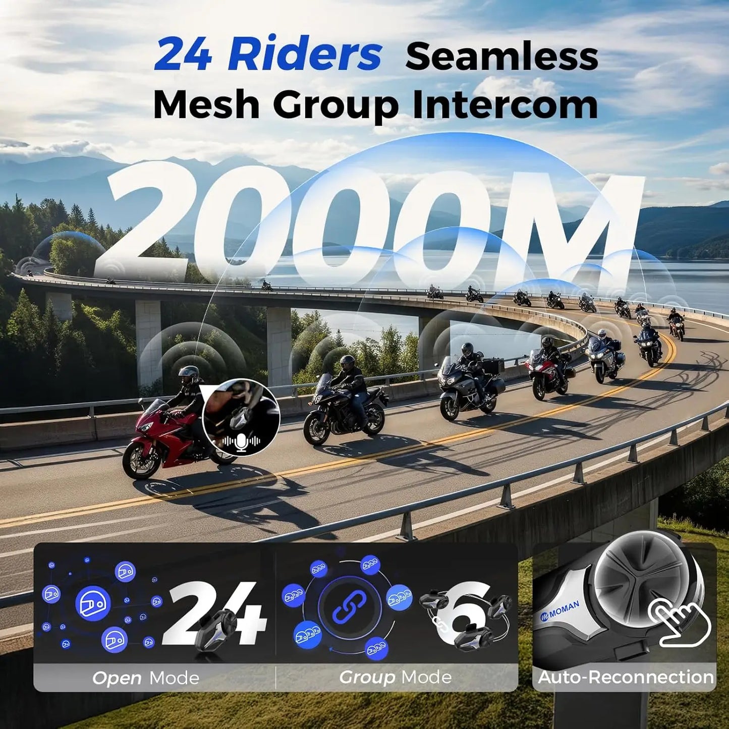 Moman Motorrad Bluetooth Helm Headset Gegensprechanlage 1000mAh MOTO Kommunikator 2000m Intercom für 24 Fahrer IP65 Wasserdicht