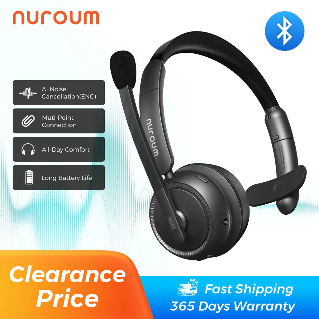 Nuroum HP31SN Wireless Headset with Noise Cancelling Microphone Bluetooth 5.3 for Work Office Call Center, Mute Button Multi-Point Over Ear Headphones for PC Laptop Computer Teams Zoom, Darkgrey Earphones
