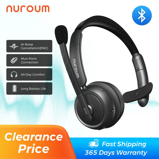 Nuroum HP31SN Wireless Headset with Noise Cancelling Microphone Bluetooth 5.3 for Work Office Call Center, Mute Button Multi-Point Over Ear Headphones for PC Laptop Computer Teams Zoom, Darkgrey Earphones