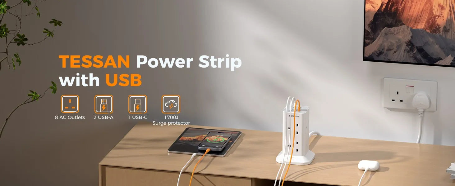 TESSAN Multi Tower Power Strip with 8 Outlet 3 USB Ports with Switch UK Plug Socket 2m/5m Extension Cord Surge Protection