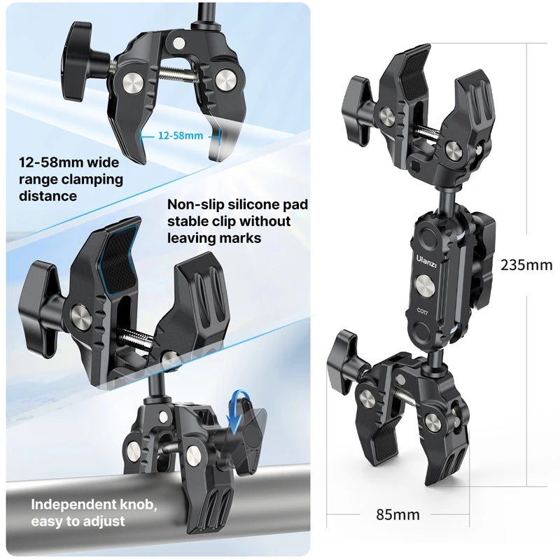 Ulanzi CO17 Super Clamp with 360° Dual-Head Double Clamps Magic Arm Arri Adapter for for Panoramic Camera Umbrella LED Light