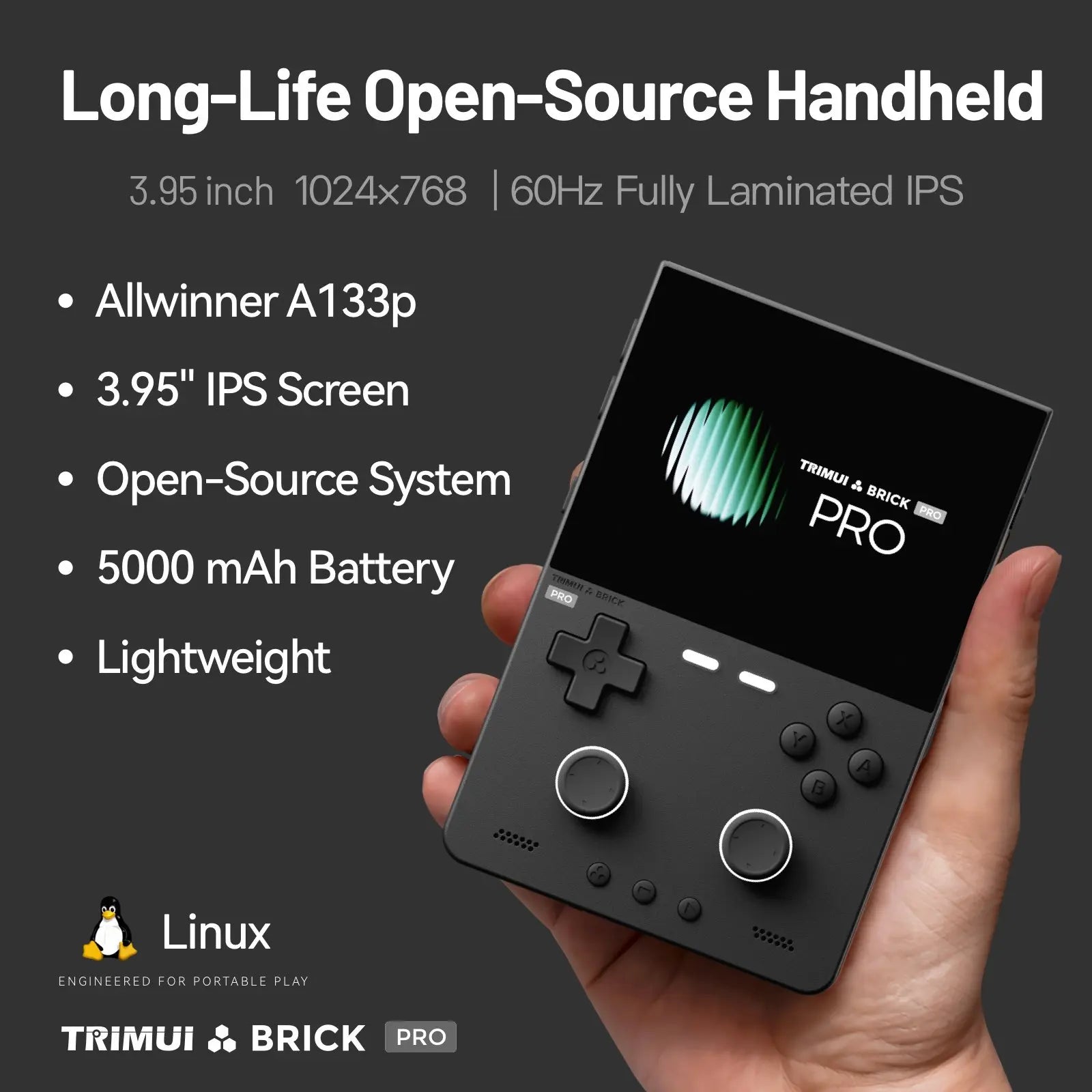TRIMUI BRICK PRO Handheld Game Console 3.95'' IPS Screen RGB Top Light Dual Hall Joysticks  A133P Linux 4.9 System 5000mAhGifts