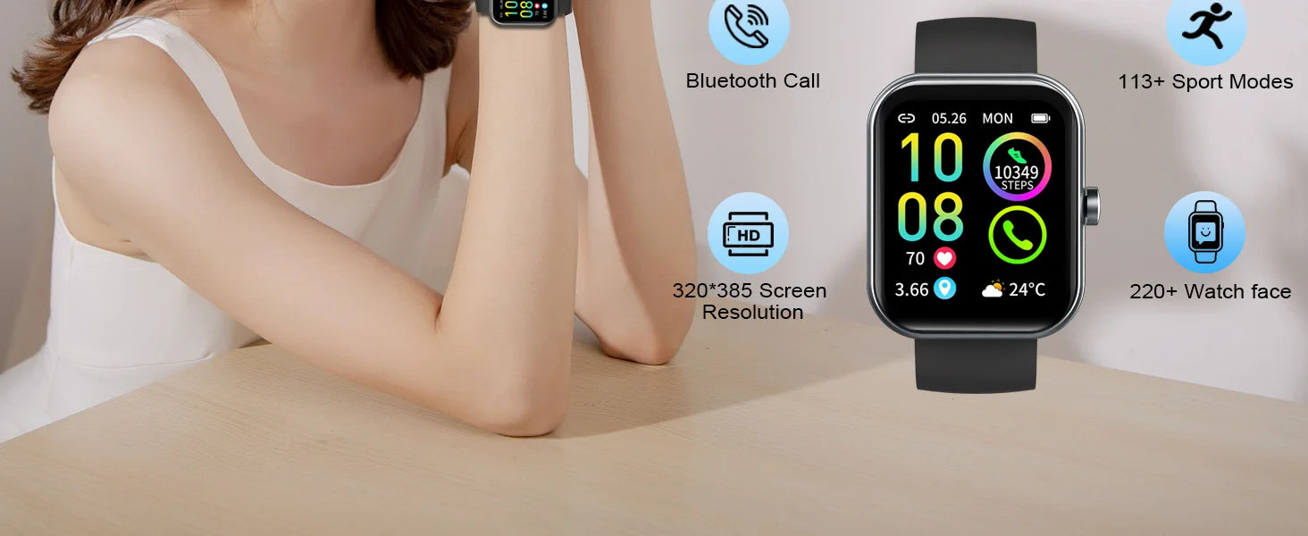 Smart Watch(Answer/Make Calls), 1.96" Smartwatches, Fitness Tracker, Sleep Monitor, Pedometer, 100+ Sport Modes, IP68 Waterproof