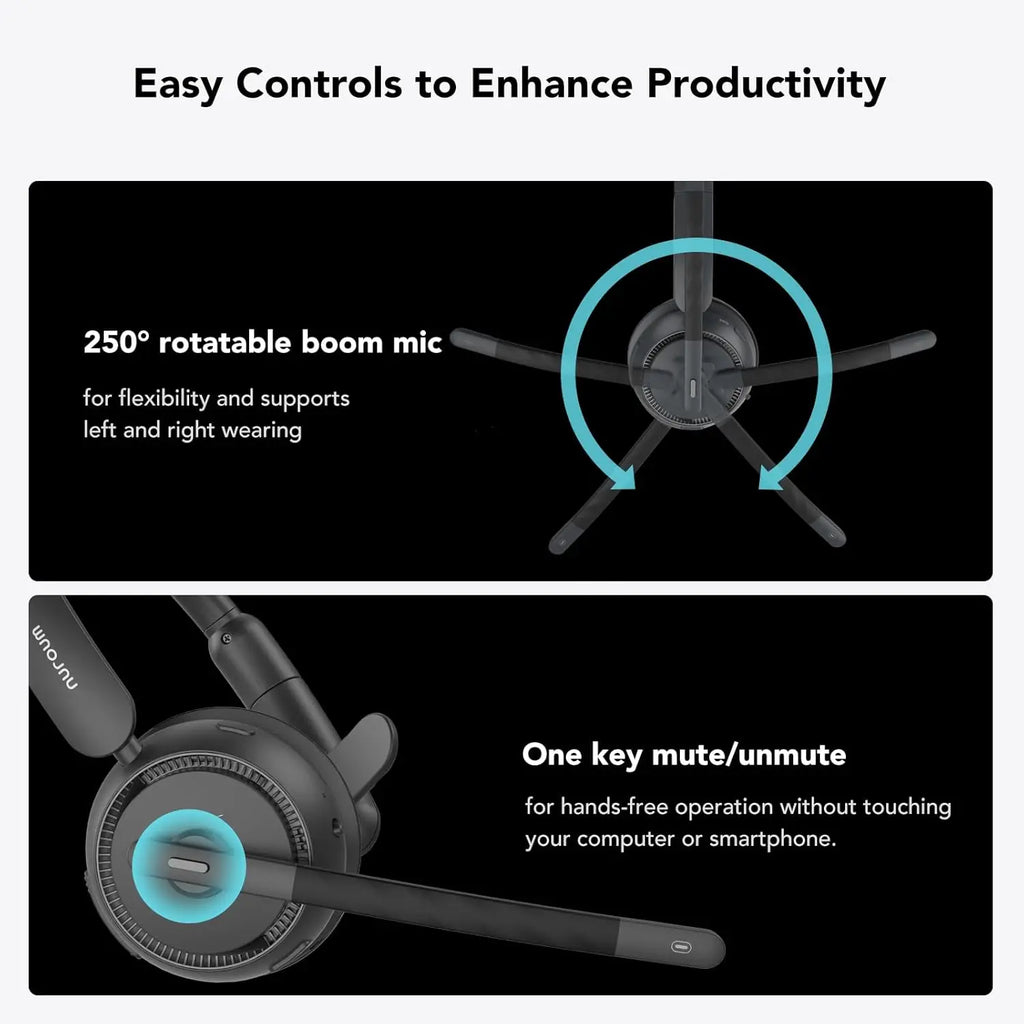 Nuroum HP31SN Wireless Headset with Noise Cancelling Microphone Bluetooth 5.3 for Work Office Call Center, Mute Button Multi-Point Over Ear Headphones for PC Laptop Computer Teams Zoom, Darkgrey Earphones