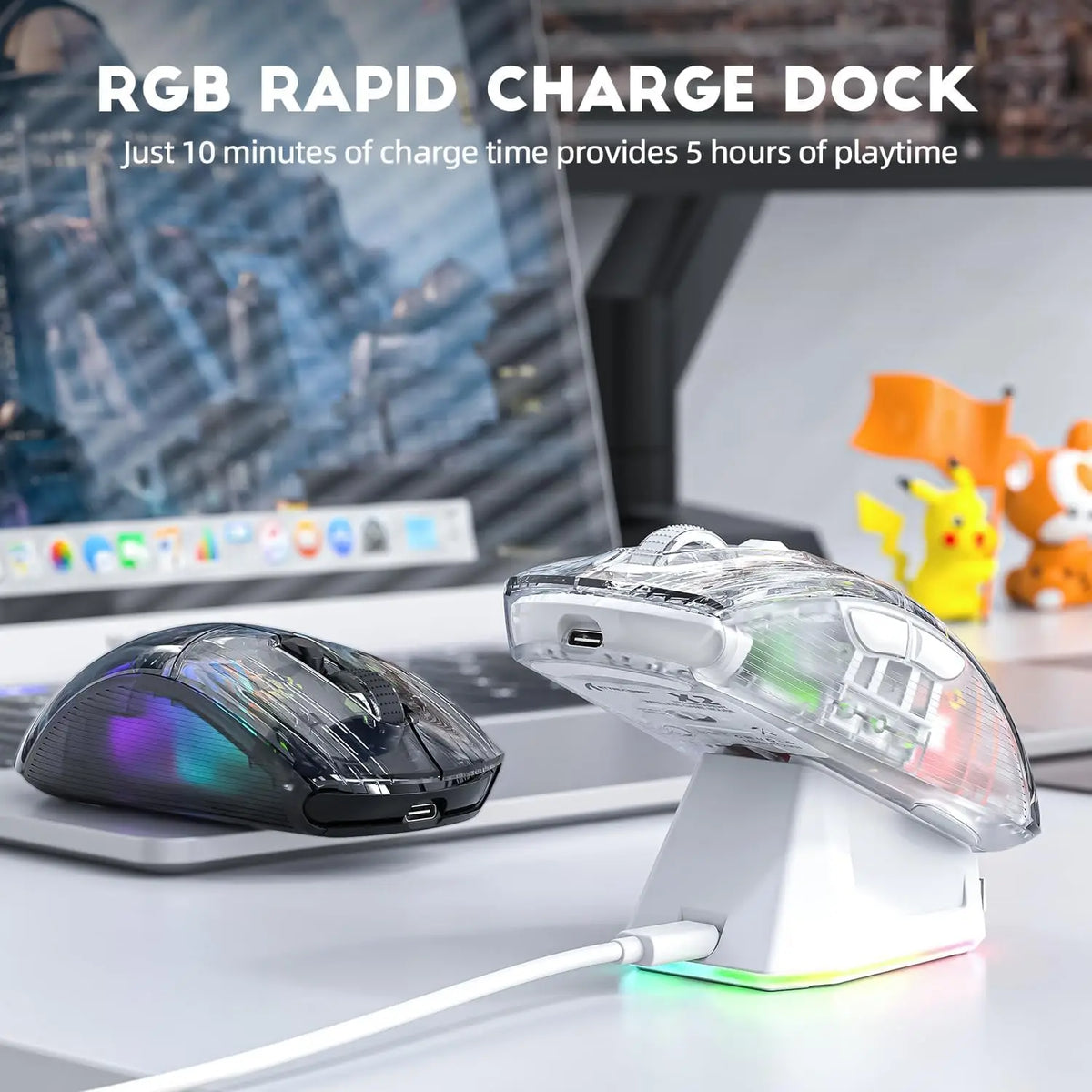 Wireless Gaming Mouse with RGB Charging Dock,Tri-Mode Mute Mouse RGB Backlit,Transparent Shell,PixArt 3212