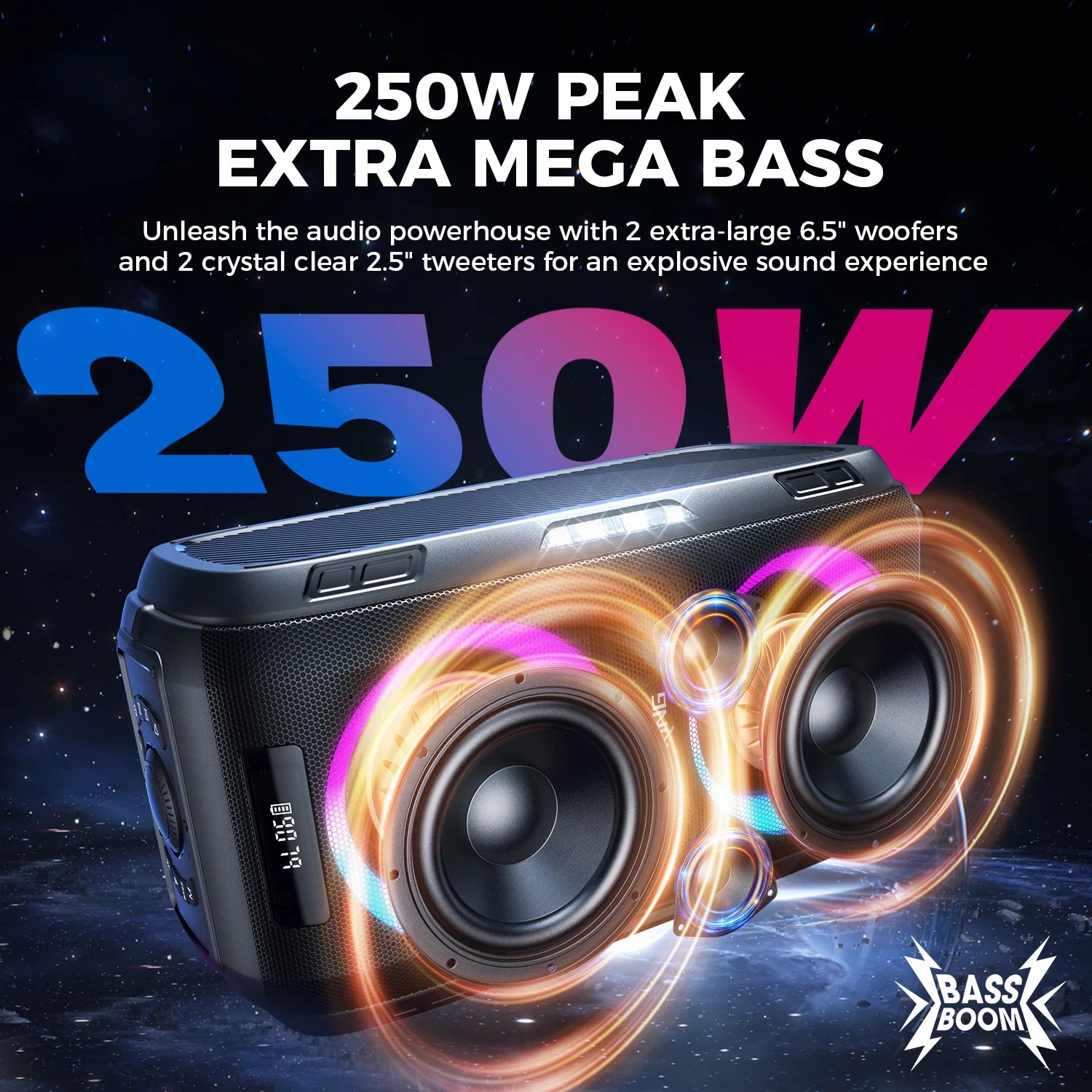W-KING 250W MAX Party Wireless Bluetooth Speaker Portable Speaker 12 Custom Deep Bass Powerful Boom Box Design with USB Playback