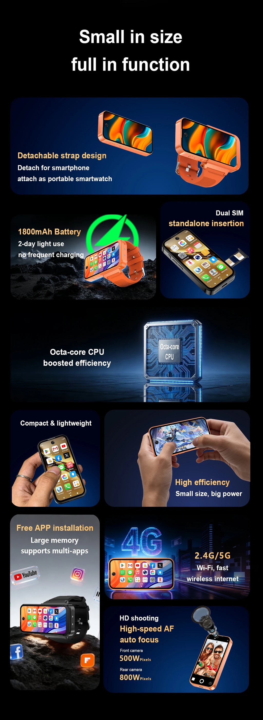 PG999 Smartwatch Phone Touch Screen 4G Wi-Fi GPS Dual SIM Dual StandbGlobal Connect Octa-Core Powerhouse HD Cameras Android 12