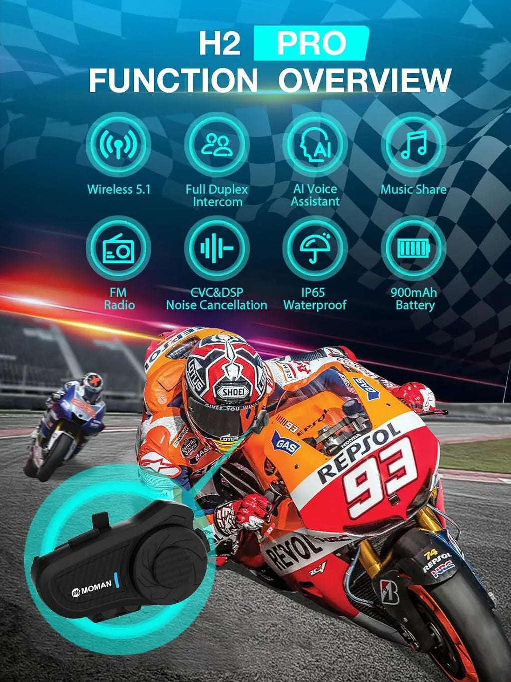 Moman H2PRO Motorcycle Helmet Headset Waterproof Moto Headphone with FM Radio Music Share LED Display For Rider
