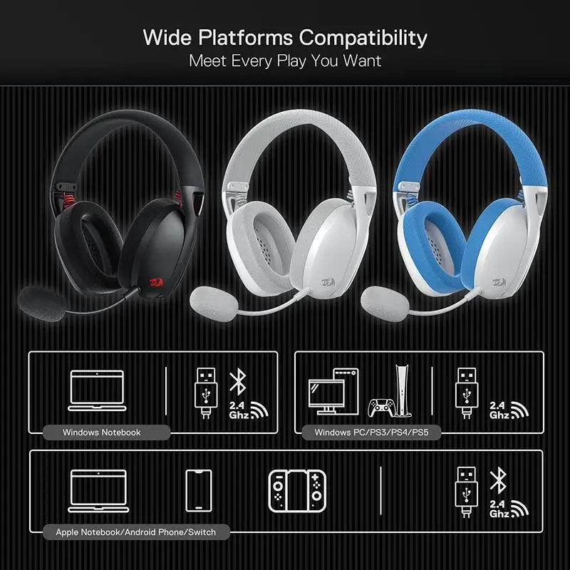Auriculares inalámbricos Redragon H848 Bluetooth Gaming ligeros, sonido envolvente 7.1, controladores de 40 mm, micrófono desmontable, multiplataforma