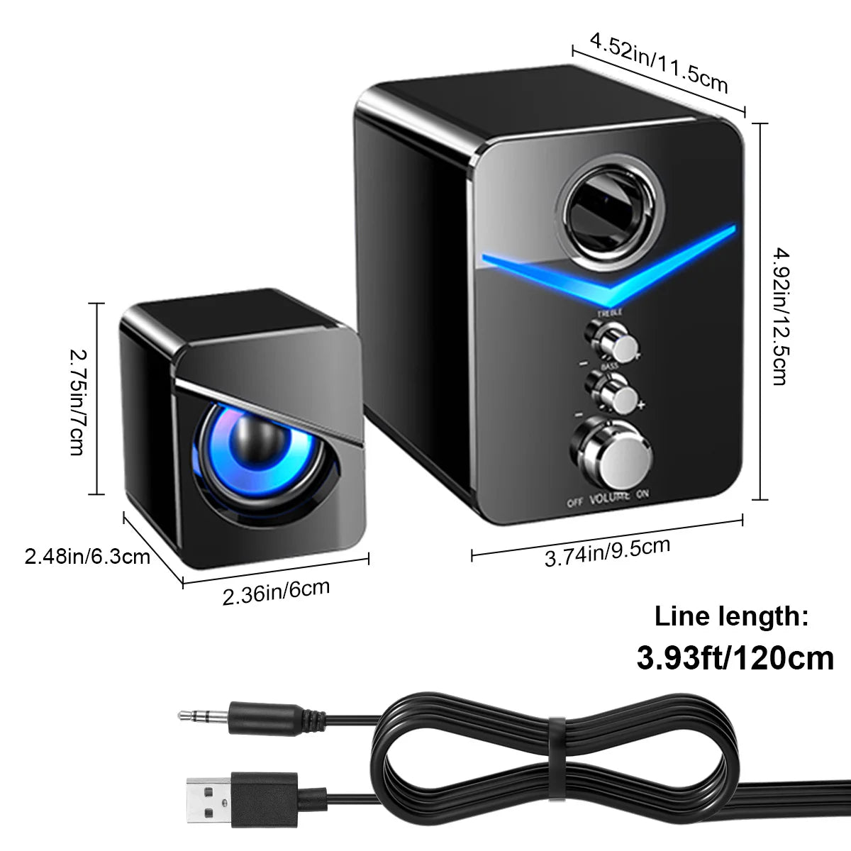 Computer Speakers System Stereo Bass Subwoofer For  Desktop Laptop USB Wired Desktop PC Speaker With RGB LED Light 3.5mm Jack