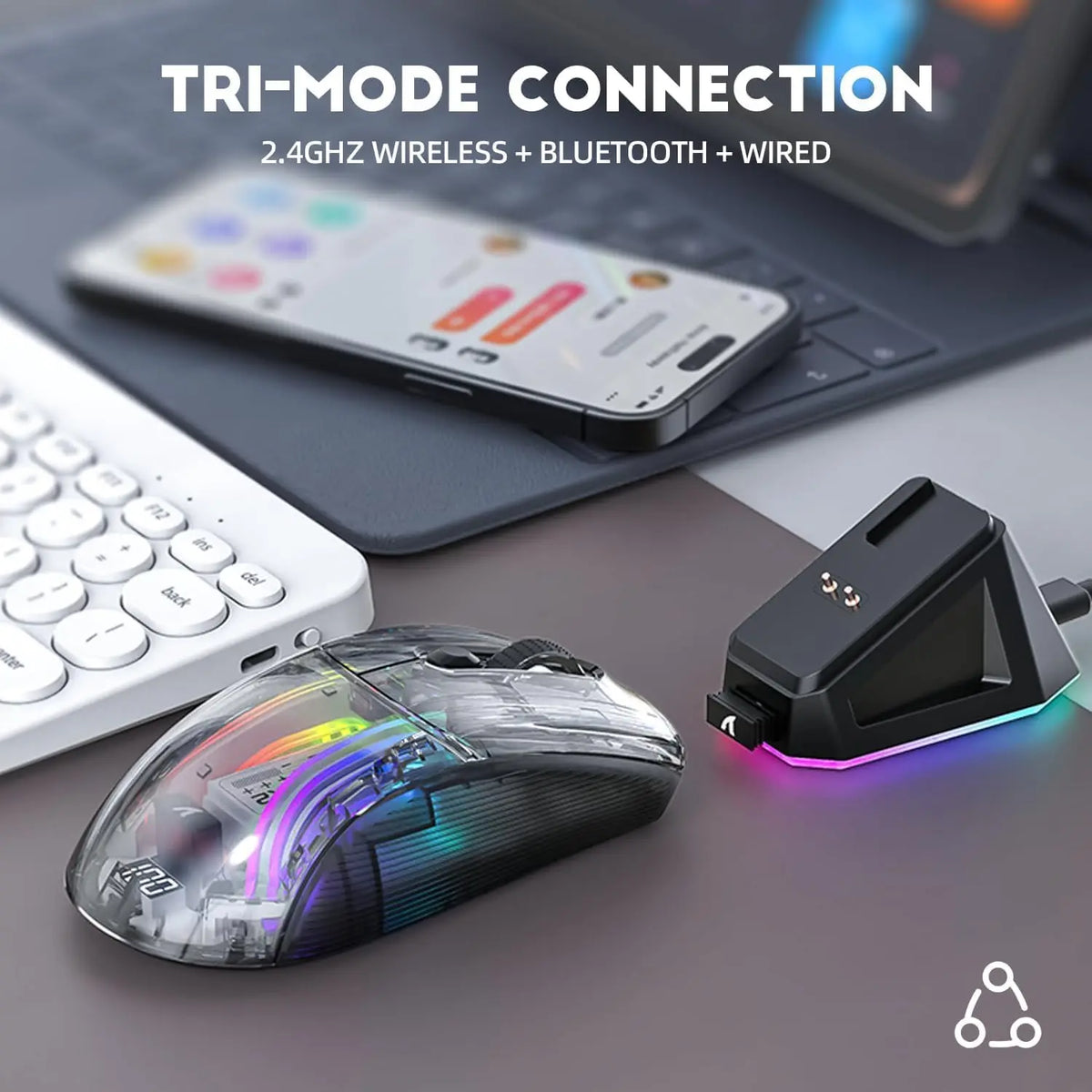 Wireless Gaming Mouse with RGB Charging Dock,Tri-Mode Mute Mouse RGB Backlit,Transparent Shell,PixArt 3212