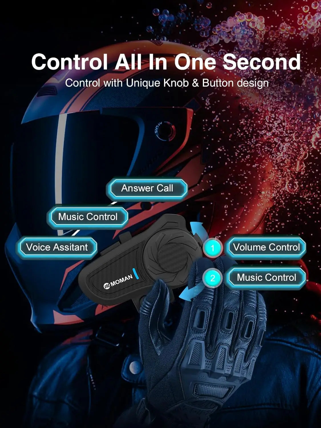 Moman H2PRO Motorcycle Helmet Headset Waterproof Moto Headphone with FM Radio Music Share LED Display For Rider