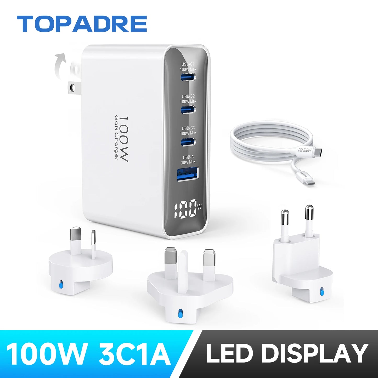 Cargador de viaje USB C de 100 W, adaptador de viaje plegable de 4 puertos con enchufes UK/EU/AU, carga rápida para iPad iPhone