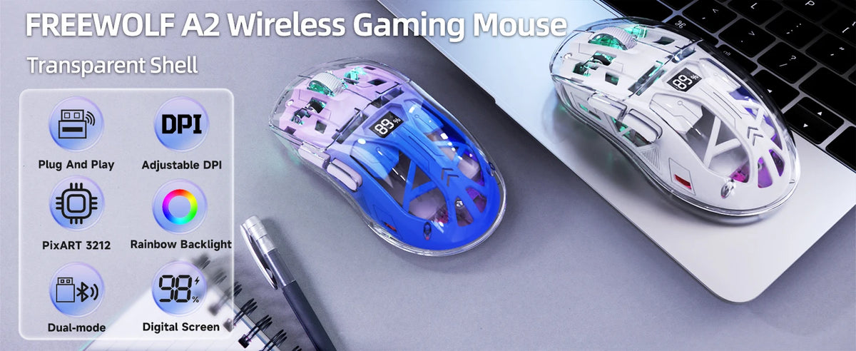 Wireless Gaming Mouse, BT 5.0/2.4G PC Rechargeable RGB Mice with Digital Screen,PixArt 3212, 5 Adjustable DPI