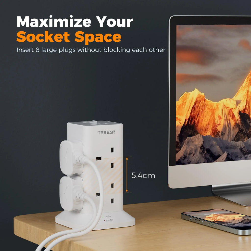 TESSAN Multi Tower Power Strip with 8 Outlet 3 USB Ports with Switch UK Plug Socket 2m/5m Extension Cord Surge Protection