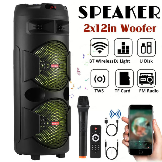 9000W Doppel 12-Zoll Subwoofer Bluetooth Party-Lautsprecher mit RGB-Beleuchtung, FM-Radio, USB/TF Wiedergabe, TWS-Kopplung, langer Wiedergabezeit