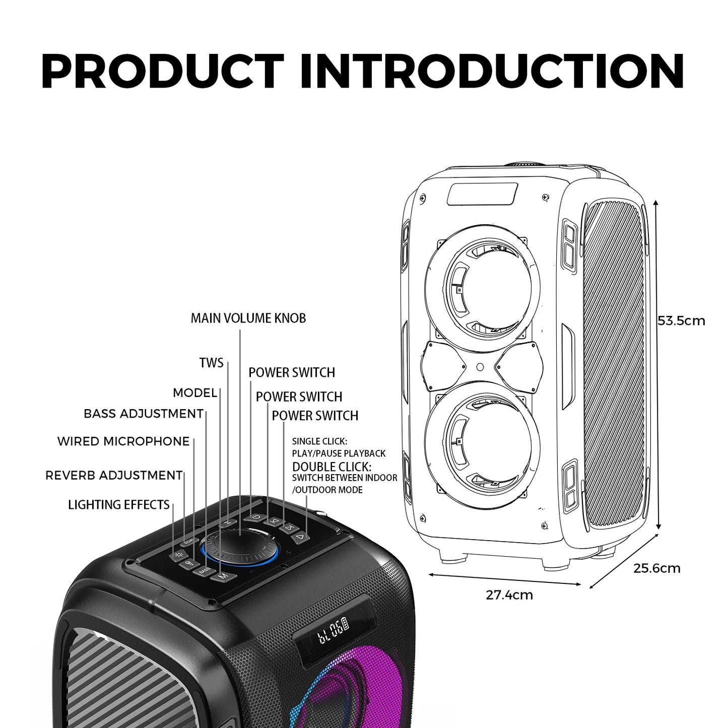 W-KING 250W MAX Party Kabelloser Bluetooth-Lautsprecher Tragbarer Lautsprecher 12 Benutzerdefinierte tiefe Bässe Leistungsstarkes Boombox-Design mit USB-Wiedergabe