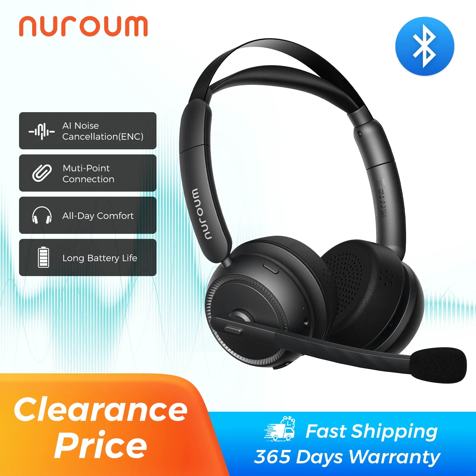 Nuroum Bluetooth 5.3 Wireless Headset with Noise Cancelling Microphone for Work Office Call Center, Mute Button Multi-Point Over Ear Headphones Handsfree Earphone for PC Laptop Computer Teams Zoom Meeting Remote Work Business