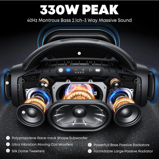 W-KING 330W Spitzenleistung Kabellose Boombox Großer Bluetooth-Lautsprecher 7,5 Zoll Subwoofer/IPX7 Wasserdicht Party Massiver Bass für Outdoor