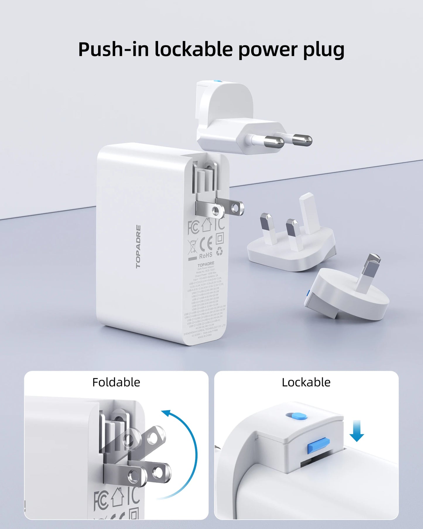 Cargador de viaje USB C de 100 W, adaptador de viaje plegable de 4 puertos con enchufes UK/EU/AU, carga rápida para iPad iPhone
