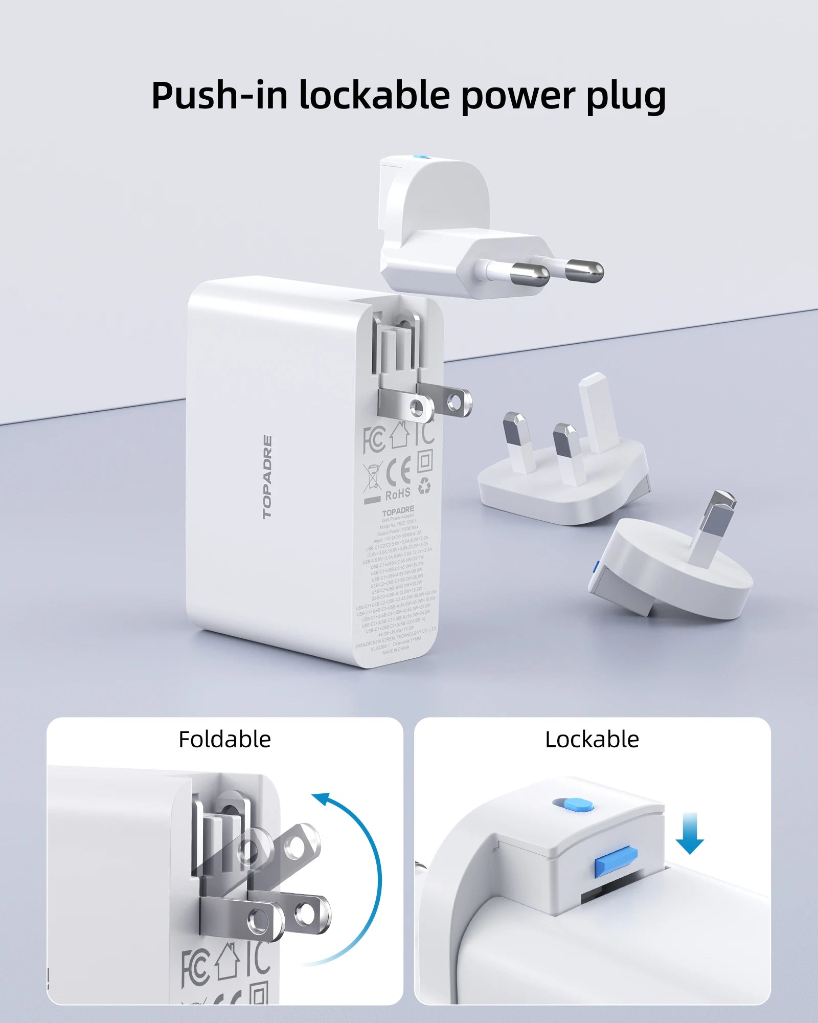 100W USB C Travel Charger, 4-Ports Foldable Travel Adapter Plug Converter With UK/EU/AU Plugs, Fast Charging For IPad iPhone