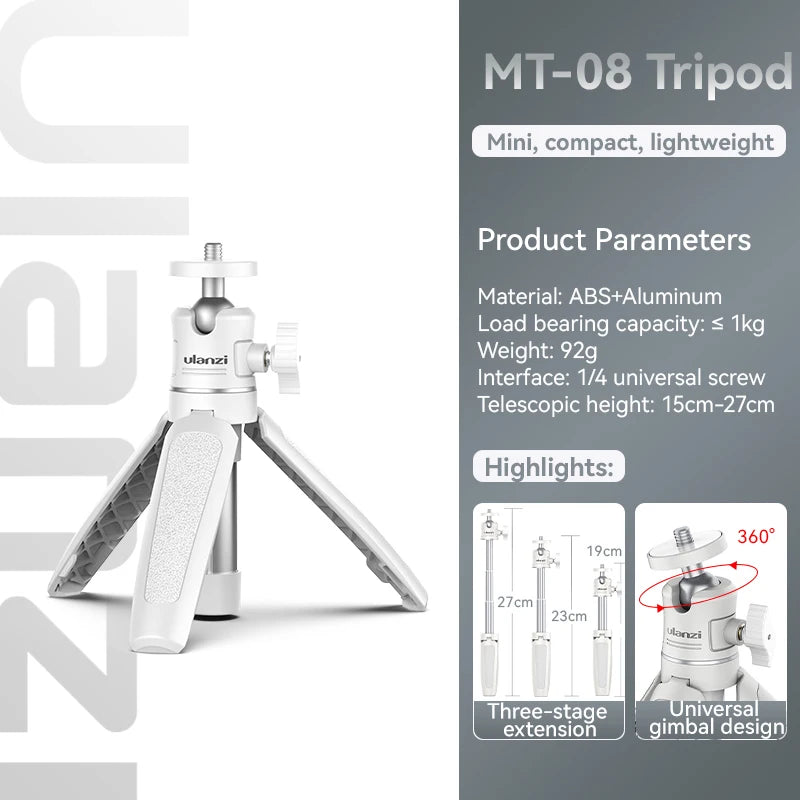 Ulanzi MT-08 Mini Tripod White Color Foldable Tripod Monopod  Mount 1/4'' Tripod Universal for DSLR Android iPhone Smartphone