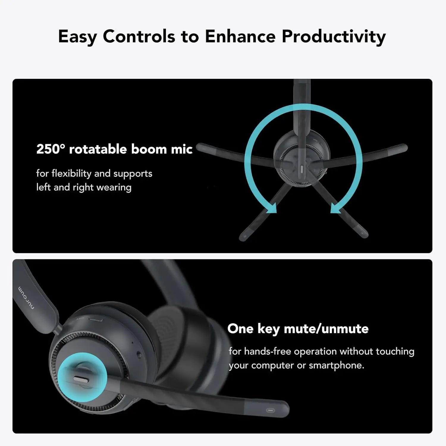 Nuroum Bluetooth 5.3 Wireless Headset with Noise Cancelling Microphone for Work Office Call Center, Mute Button Multi-Point Over Ear Headphones Handsfree Earphone for PC Laptop Computer Teams Zoom Meeting Remote Work Business