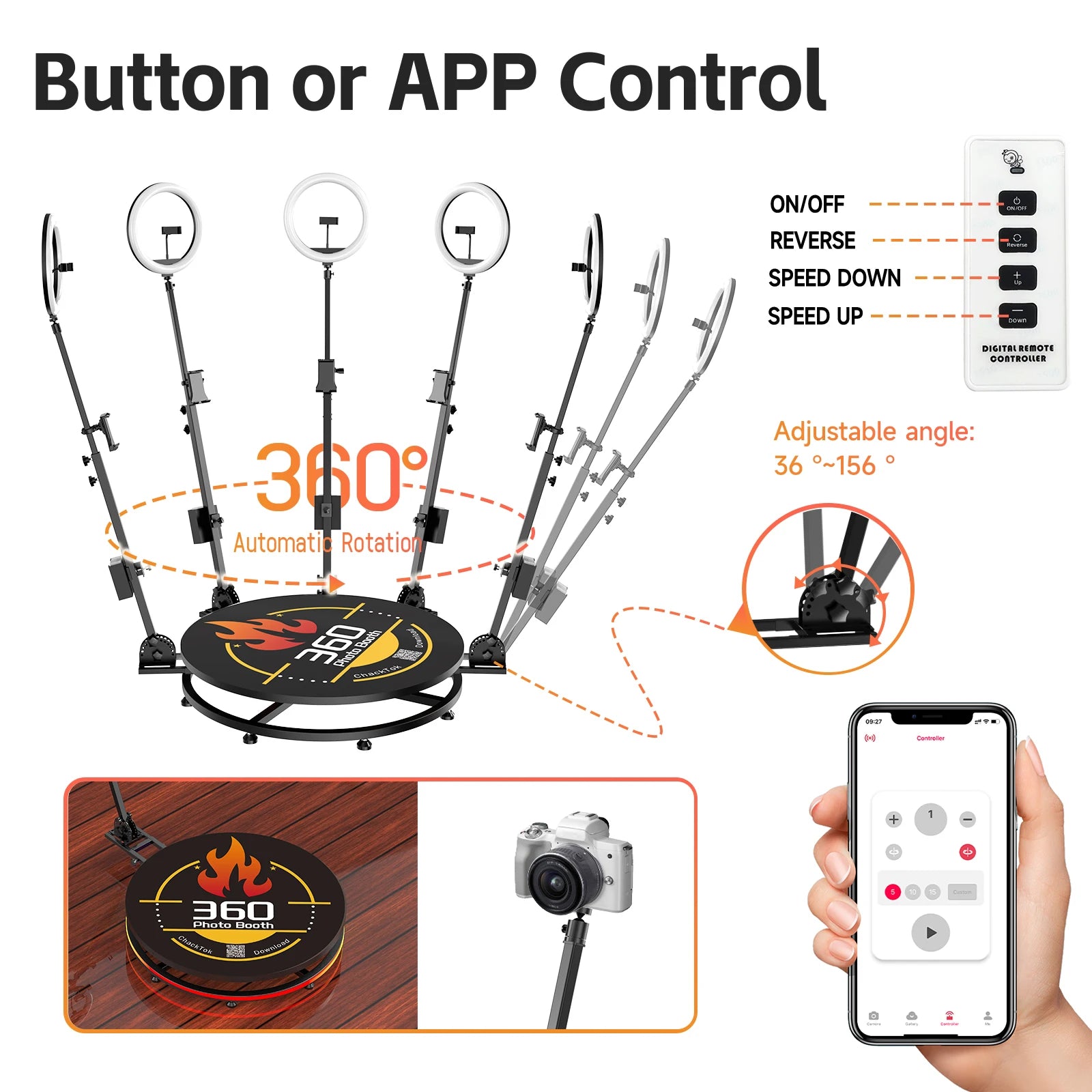 MWE 360 Photo Booth Machine for Parties with Extra Battery Logo Customization Software APP Remote Automatic 360 Spin Camera