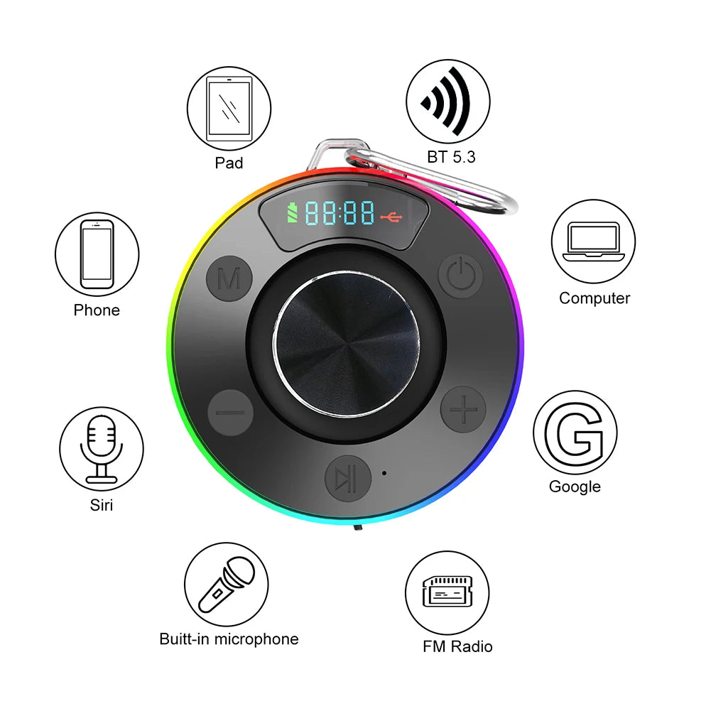 Bluetooth 5.3 Waterproof Shower Speaker with Suction Cup IPX7 for Beach Pool and Bathroom Use with FM Radio