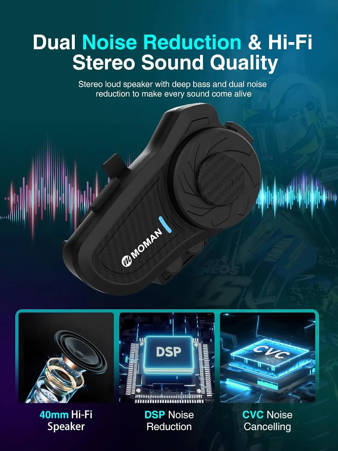 Auriculares para casco de motocicleta Moman H2PRO Impermeables con radio FM Compartir música Pantalla LED para motociclistas