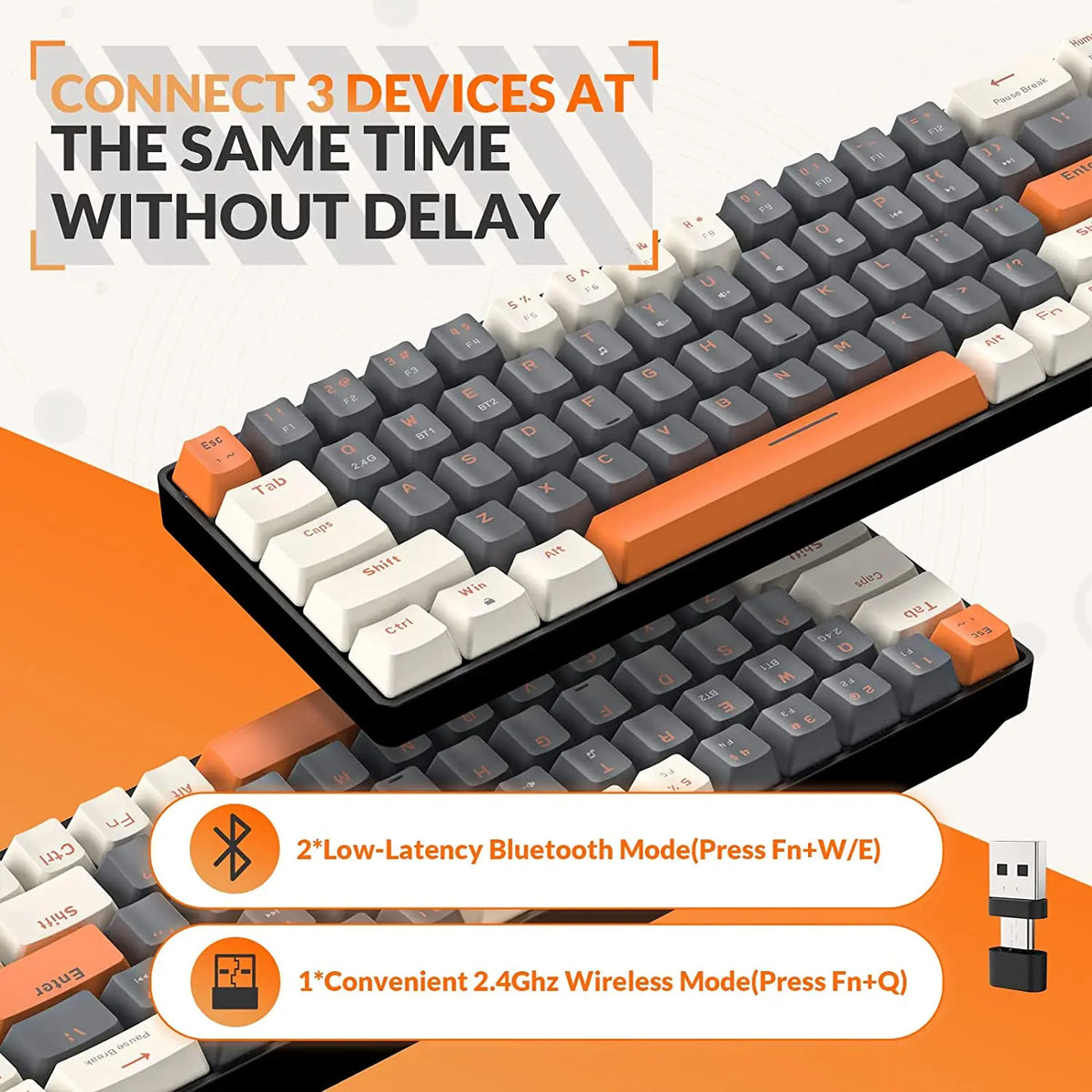 Wireless Mechanical Keyboard, Bluetooth 5.0/2.4GHz with Dual Mode 2-in-1 Receiver, 68-Key Hot-Swappable Gaming Keyboard