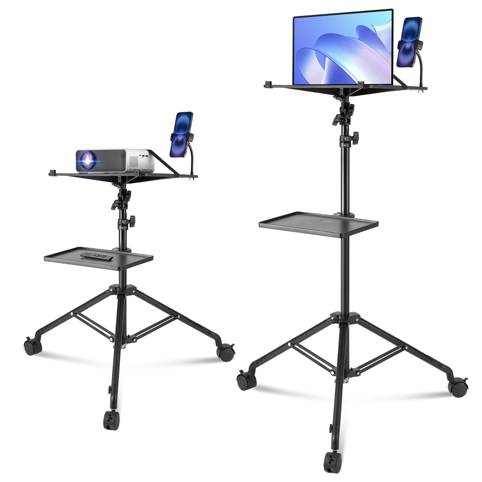 SucceBuy Tragbarer Beamer-Ständer, höhenverstellbar mit Ablage und Schwanenhals-Handyhalter für Filme im Freien, Home Office, Bühne