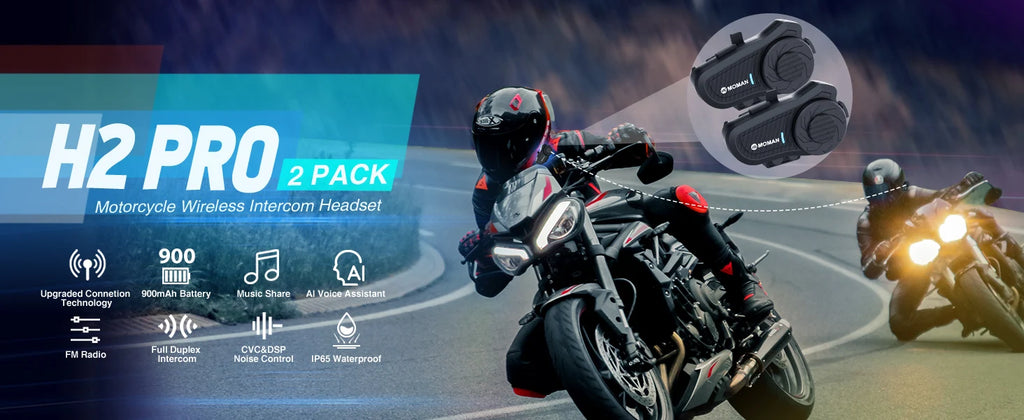 Moman H2PRO Motorcycle Helmet Headset Waterproof Moto Headphone with FM Radio Music Share LED Display For Rider