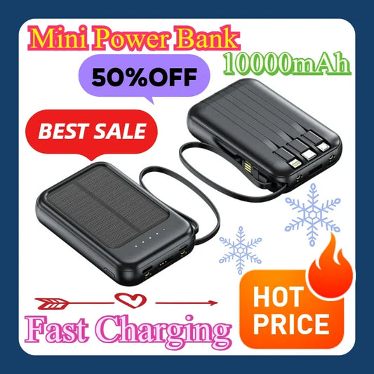 Handy-Ladegerät mit großer Kapazität, Schnellladefunktion, 3 integrierten Kabeln, Outdoor-Powerbank, Mini-Powerbank, externe Solarzellen, 10000mAh