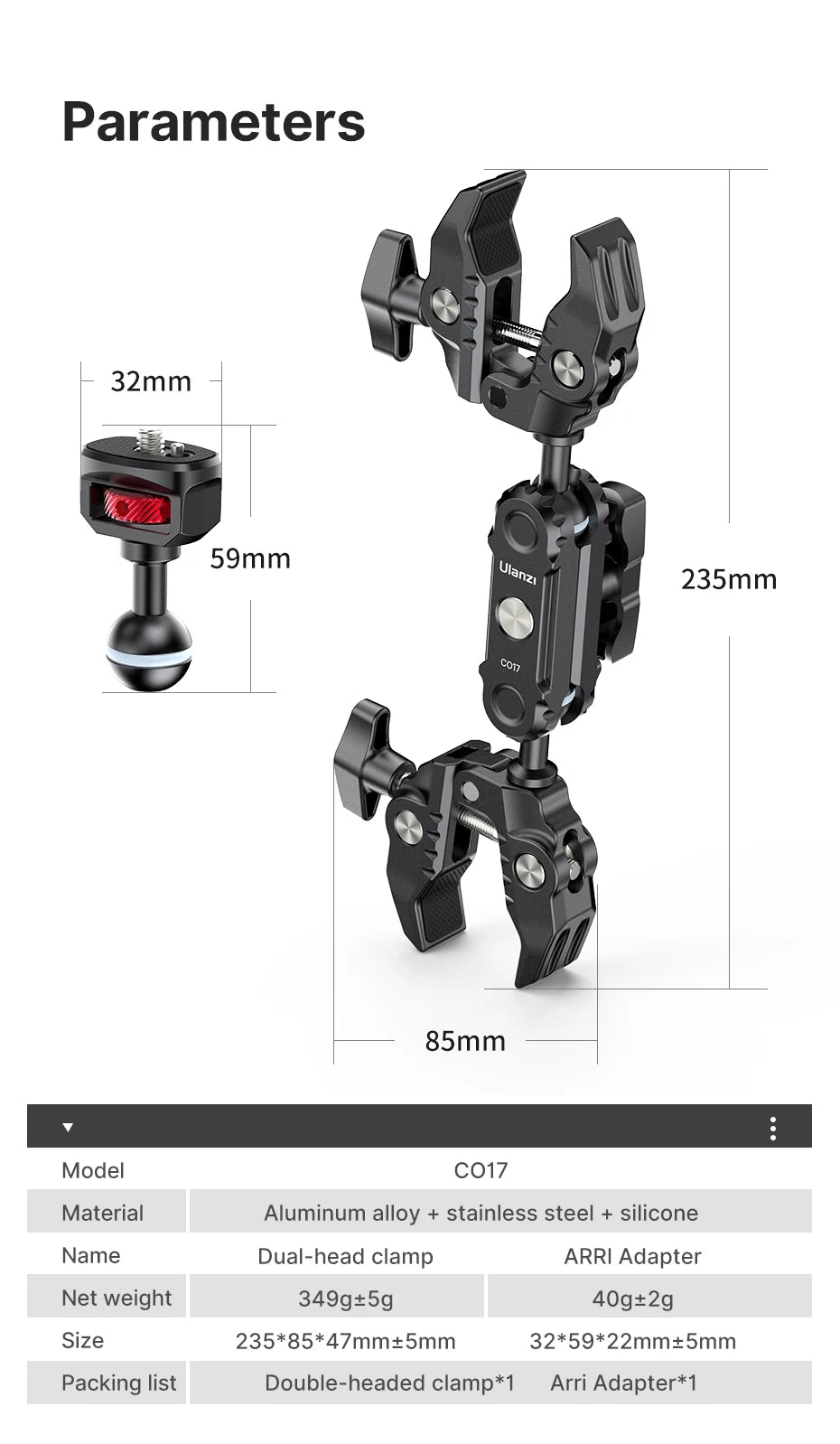 Ulanzi CO17 Super Clamp with 360° Dual-Head Double Clamps Magic Arm Arri Adapter for for Panoramic Camera Umbrella LED Light