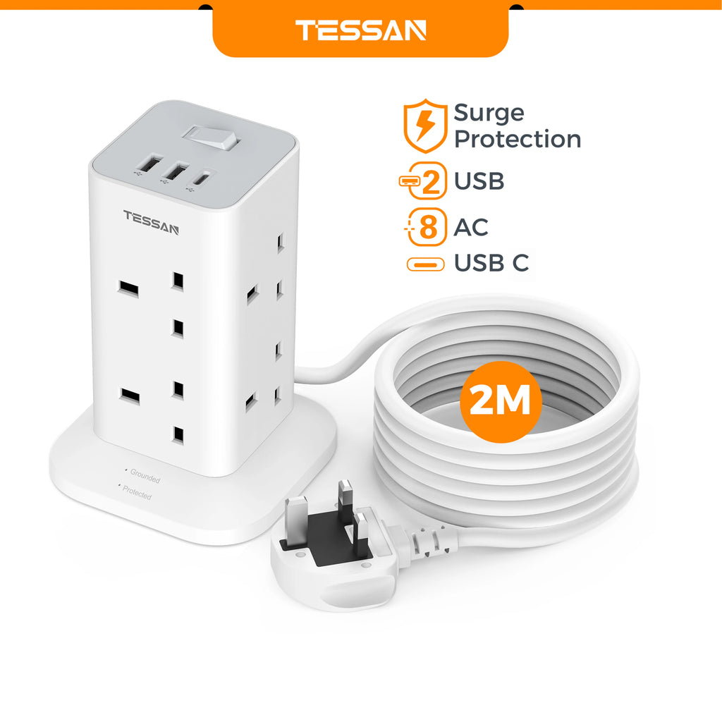 TESSAN Multi Tower Power Strip with 8 Outlet 3 USB Ports with Switch UK Plug Socket 2m/5m Extension Cord Surge Protection