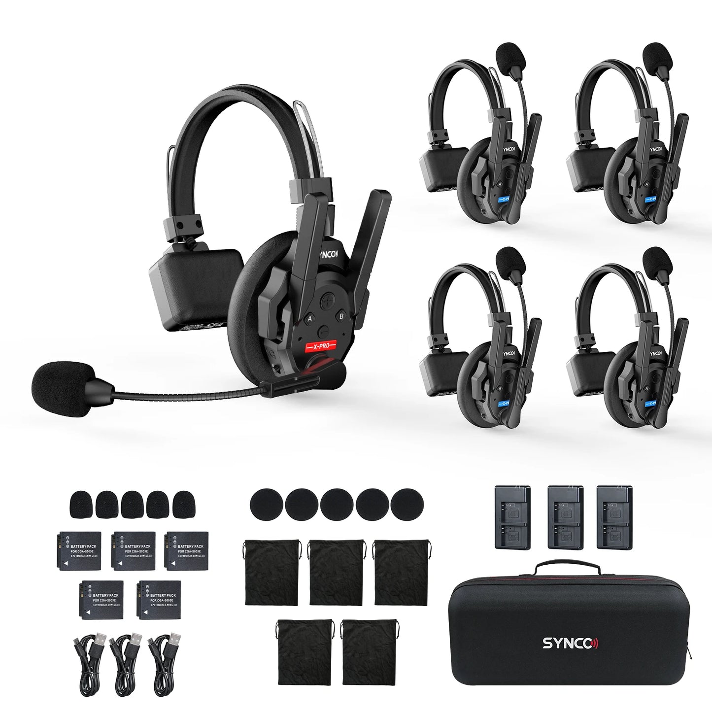SYNCO XTALK XPRO5 Drahtloses Intercom-Headset 2,4 GHz Vollduplex 24 Std. Akkulaufzeit 500 m Reichweite Echtzeit-Teamkommunikation